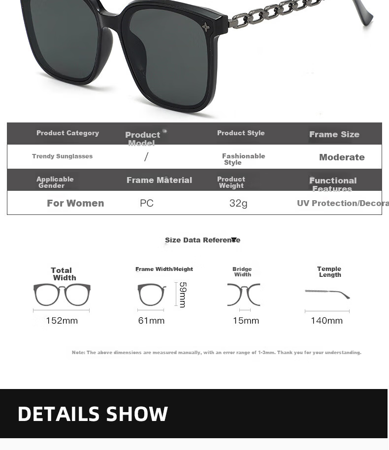 Boshide Sunglasses, Black Square Frame with Chain, Korean Style High-End Sun Protection, Black Gold Frame with Dark Gray Lenses 8