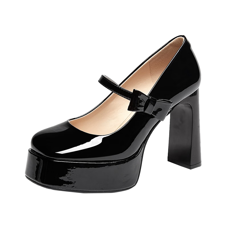 DAPHNE Wedding High Heel Shoes for Petite Women, Fashionable Chunky Heel Mary Jane Leather Shoes, Black, Size 37