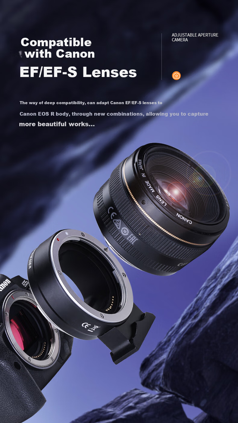 JIAHUACAI Camera Adapter Ring EF-EOSR, Compatible with Canon R52/C R100 R7 R50 R10 R8 R6II RP, Yongnuo Xiaotanfu EF/EF-S Lens to RF Mirrorless Camera Adapter 3
