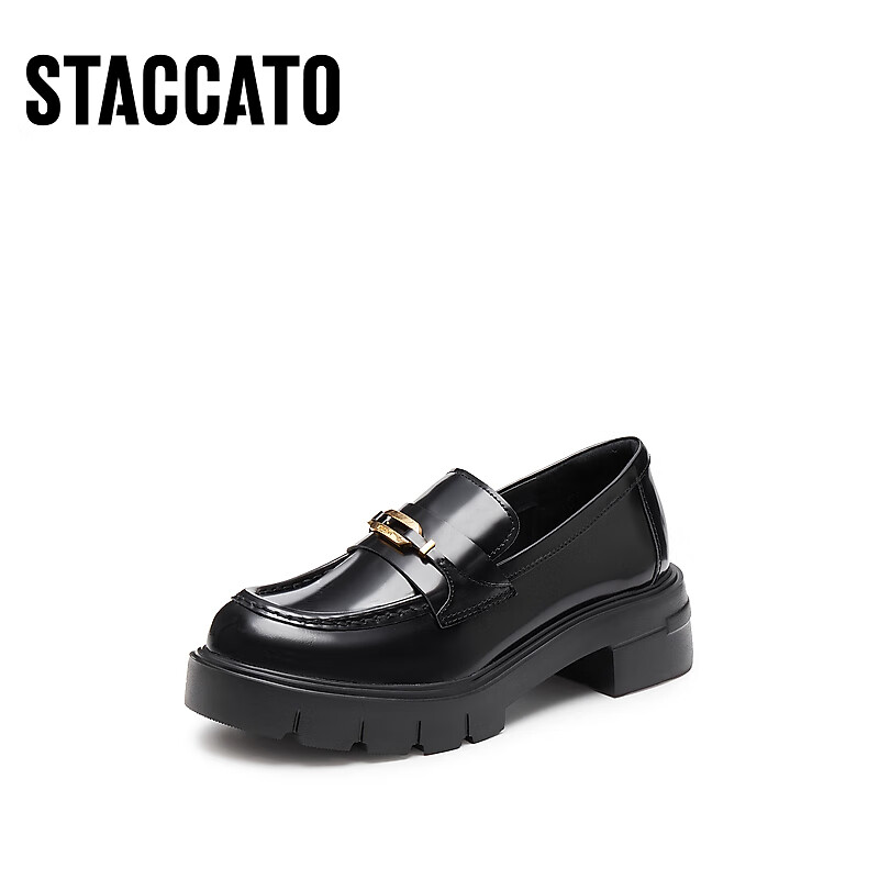 STACCATO Yang Mi Same Style Yaojin Loafers Leather Shoes for Women EGB28CA5, Cool Black, Size 34
