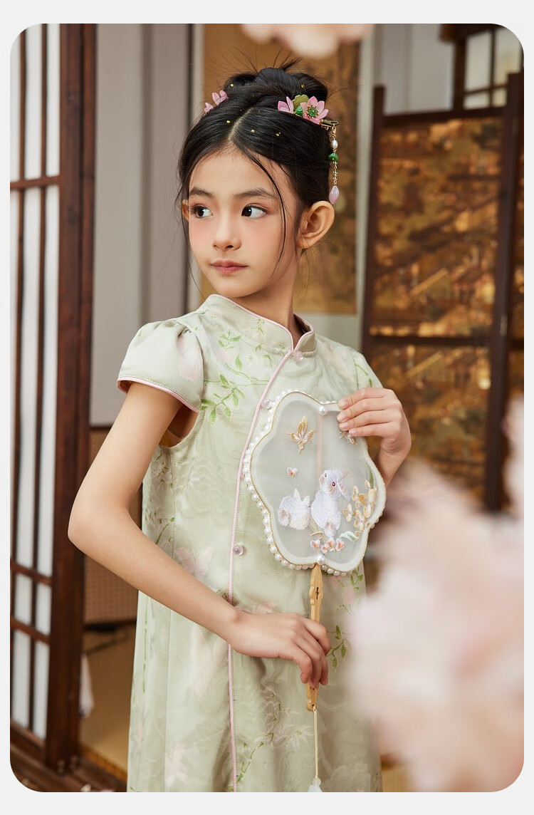 ASK JUNIOR Chinese Style New Mid-Autumn Girls Dress 2025 Summer Qipao Jacquard Princess Dress for Kids Bean Green 110 3