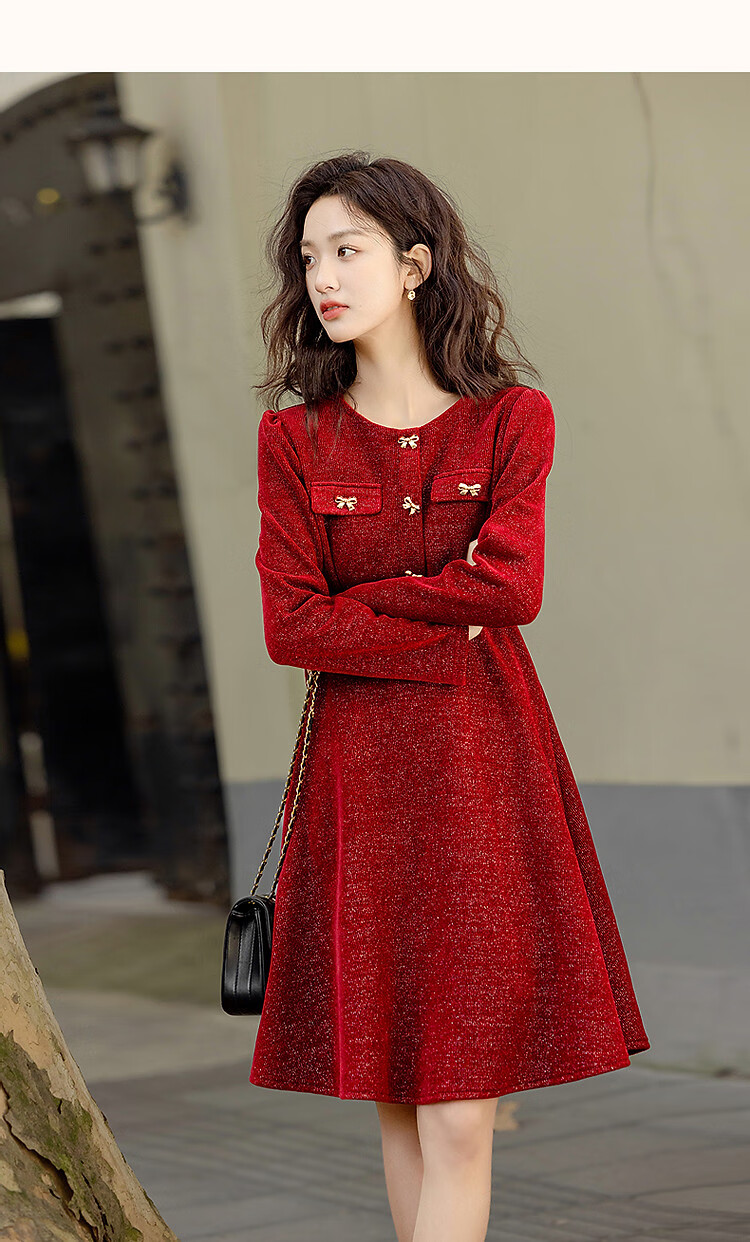 DME "New Year and Roses" Autumn/Winter Velvet Touch Shiny Silk Butterfly Bow Decorated Bubble Sleeve Waist-Enhancing Elegant Women's Dress 11