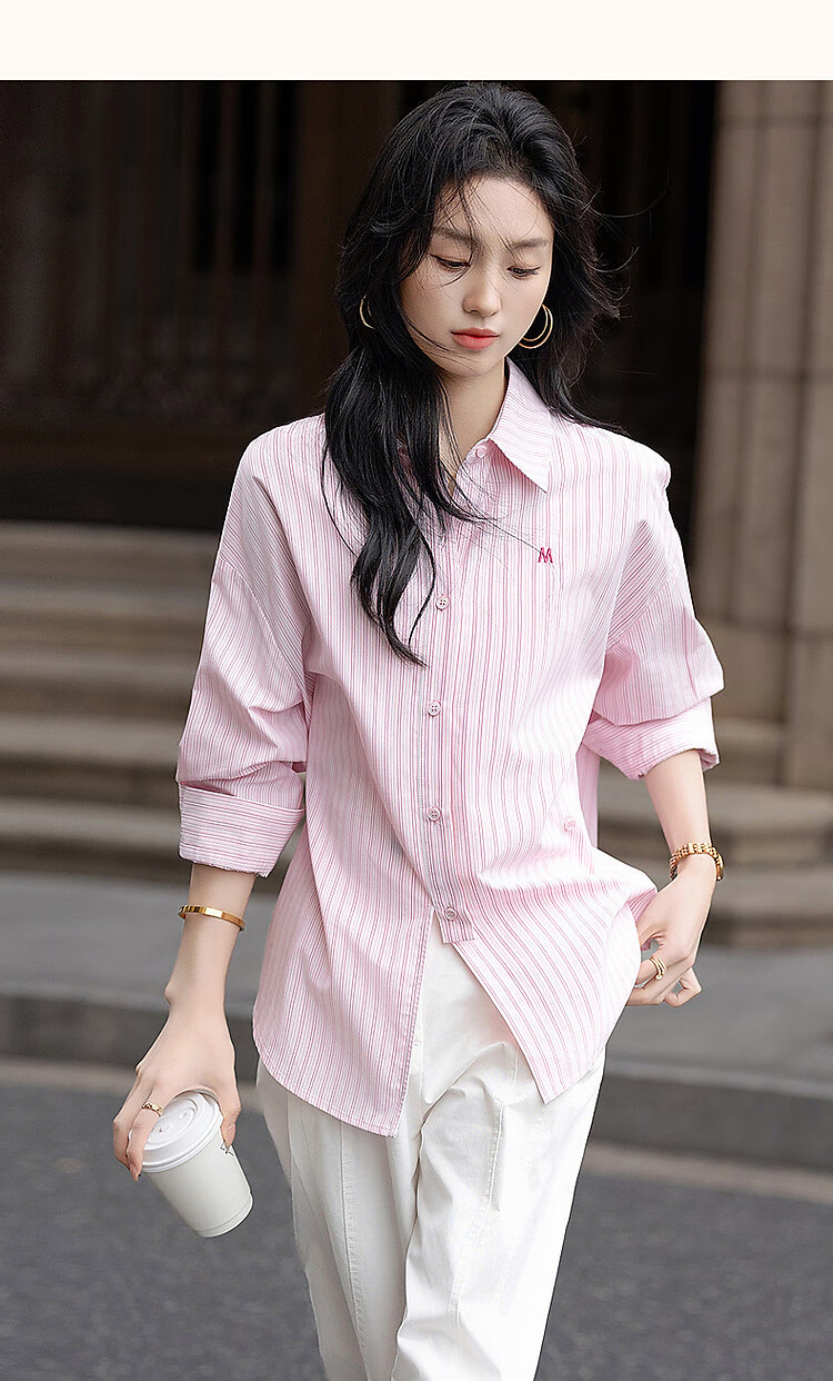 Dme [Design Sensation Two-Way Wear] Spring Minimalist Letter Embroidery Shirt, Striped Comfortable Slimming Blouse, Women's Top 13