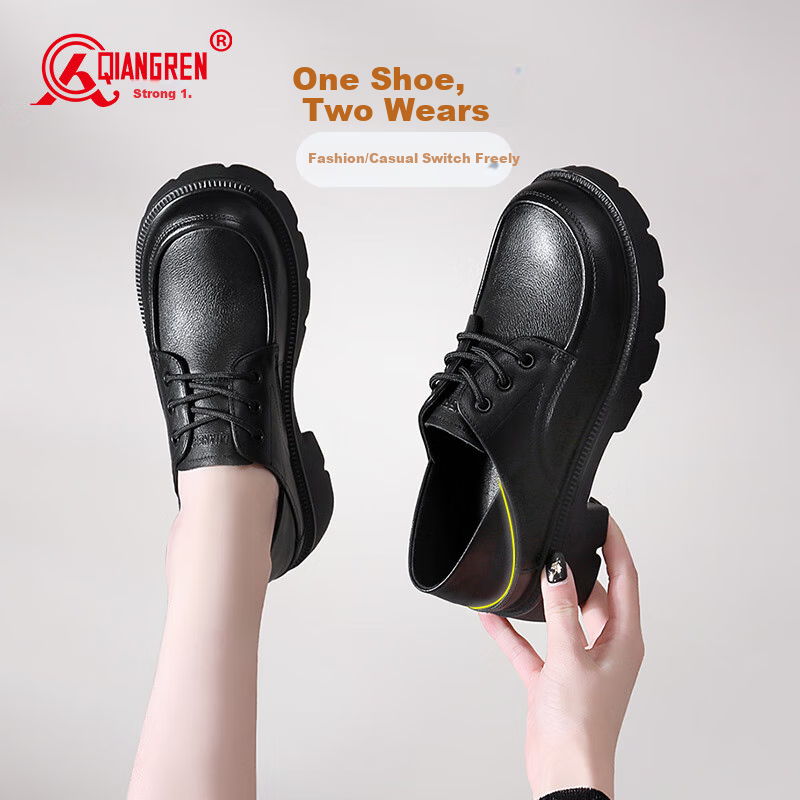 Qiangren Women's Shoes, Top-Grain Leather, Breathable Thick-Soled Flats, Comfortable Wide-Fit Leather Shoes, Loafers, JDA73272, Black, Size 37