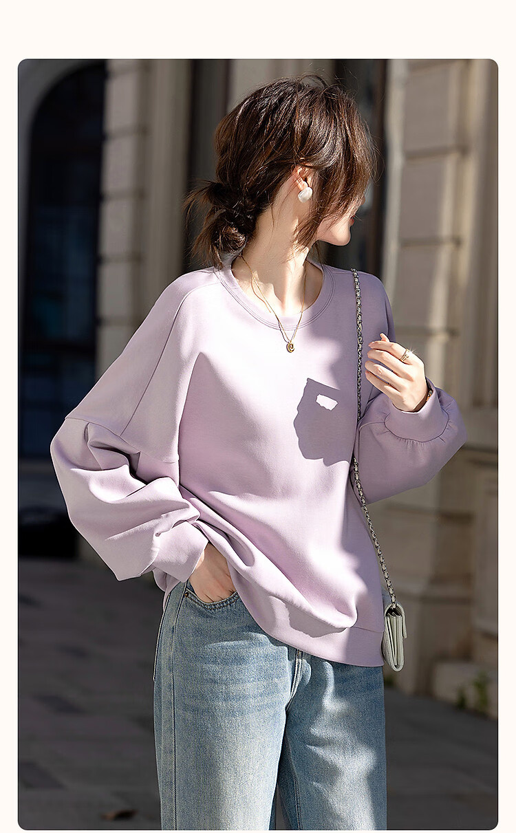 Dme [350G Air Layer] Spring Simple Round Neck Lantern Sleeve Loose Fit Slimming Sweatshirt Women's Top 2