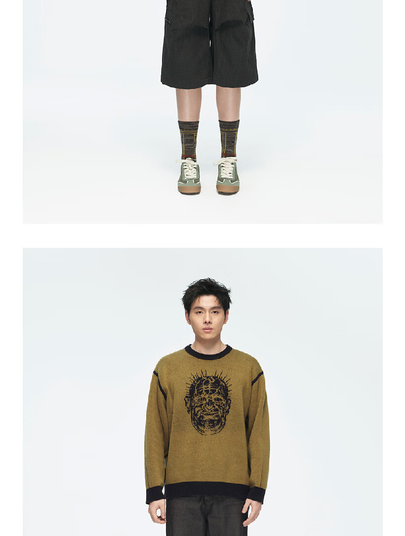 Black Myth Jinchi Phantom Double-Sided Sweater Mustard Yellow/Navy Blue L Size Black Myth Wukong Official Merchandise Unisex Wool Blend Warm Crew Neck Pullover Loose Knit 7