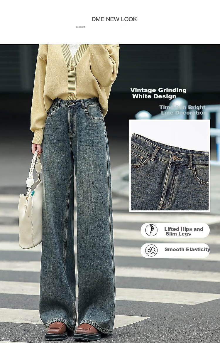 Dme Winter Simple Style Cloud Cotton Vintage Faded White Thread Cat Whisker Pattern Slimming Jeans for Women, Dark Denim Blue, S 3