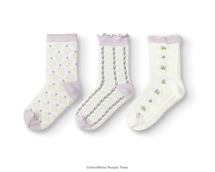 BALABALA Girls' Socks, Spring Children's Cotton Socks, Jacquard Pattern, Skin-Friendly, High-Elasticity, for Older Children, Three-Pair Pack, 208925172003 4