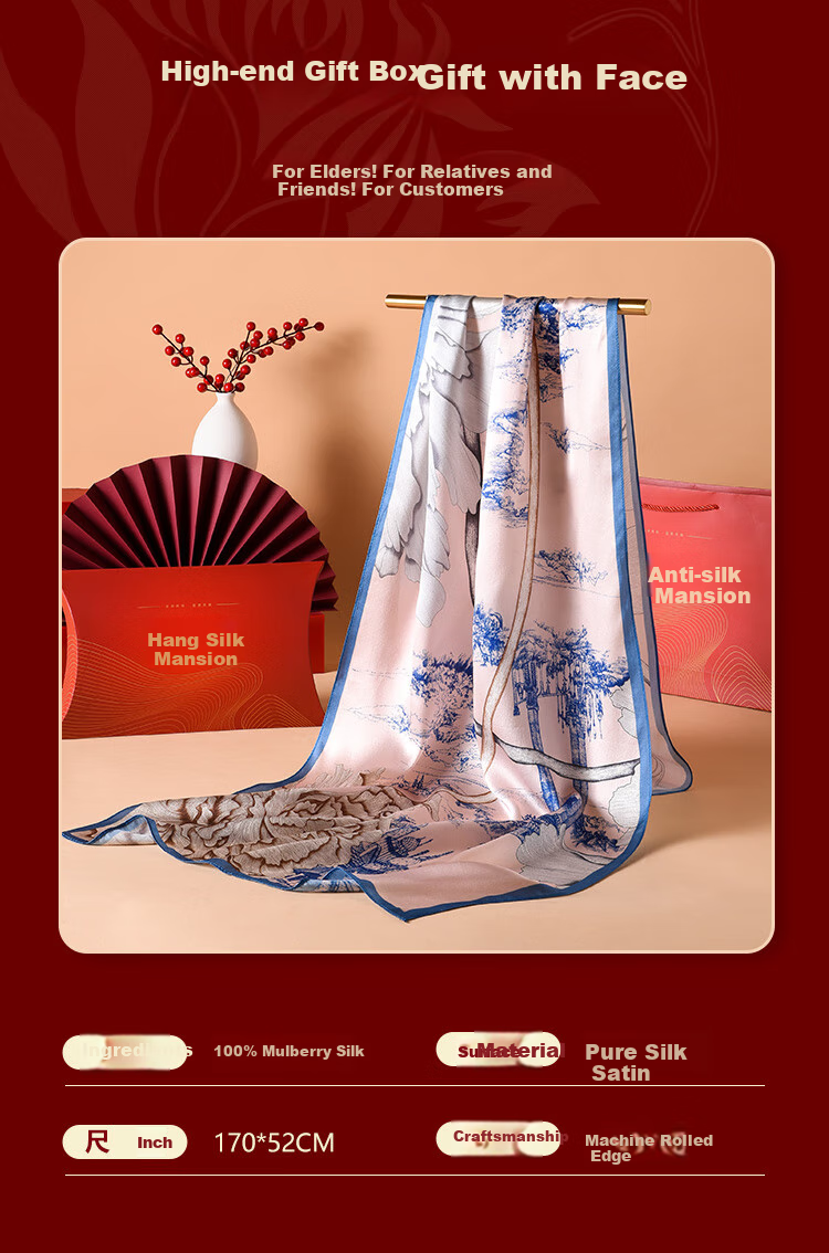 Hangsifu Silk Scarf, Chinese Style Mulberry Silk Shawl, Long Scarf, Gift for Wife Or Mother's Birthday, Practical Present for Women, Holiday Gift 3