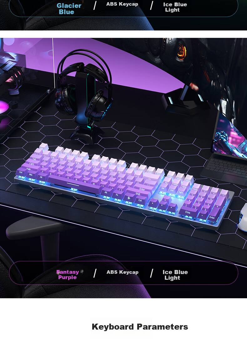 HP Mechanical Keyboard, Wired for Office, E-Sports And Gaming, Compatible with Desktop And Laptop Computers, Side-Engraved Gradient Blackberry Pink White Light Blue Switches, 104 Keys 11