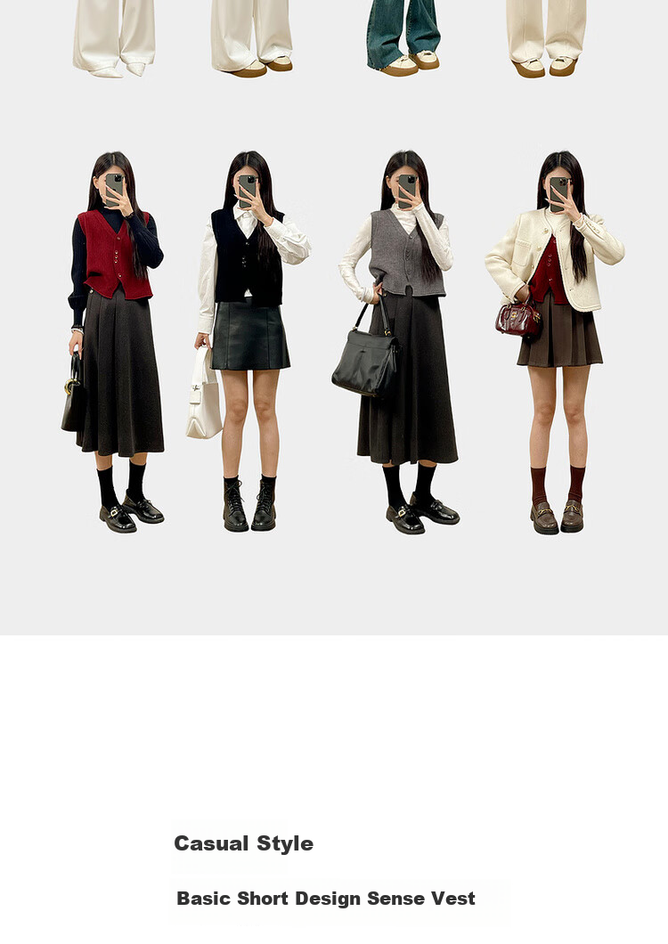 Sentubila Autumn Layered Vest, V-Neck Curved Placket, Single-Breasted Short Sleeveless Waistcoat 1