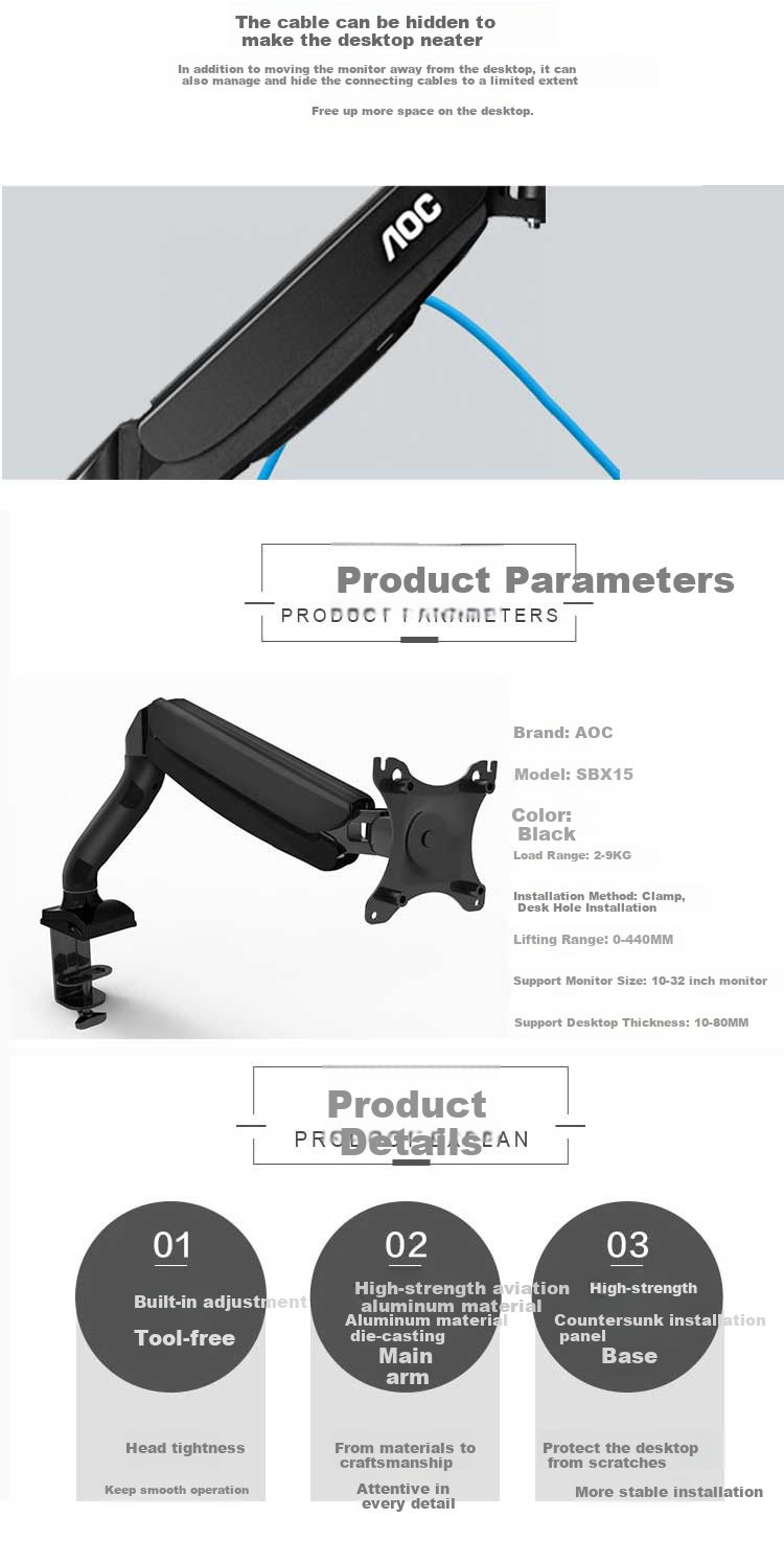 AOC SBX15 Black Single Monitor Stand, Rotating Computer Mount, No Drilling Required Desk Stand, Screen Support, Monitor Riser, 360° Rotatio 7