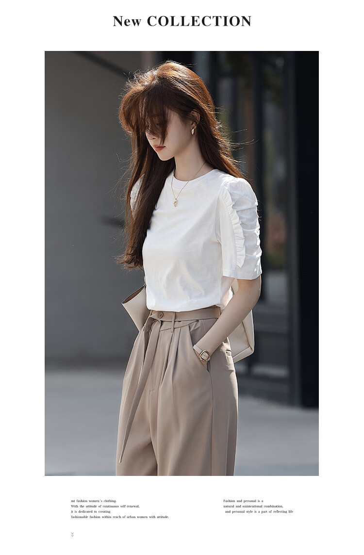 Mt [Korean Sweet Style] Summer All-Cotton Puff Sleeve Ruffle Trim Round Neck T-Shirt 14