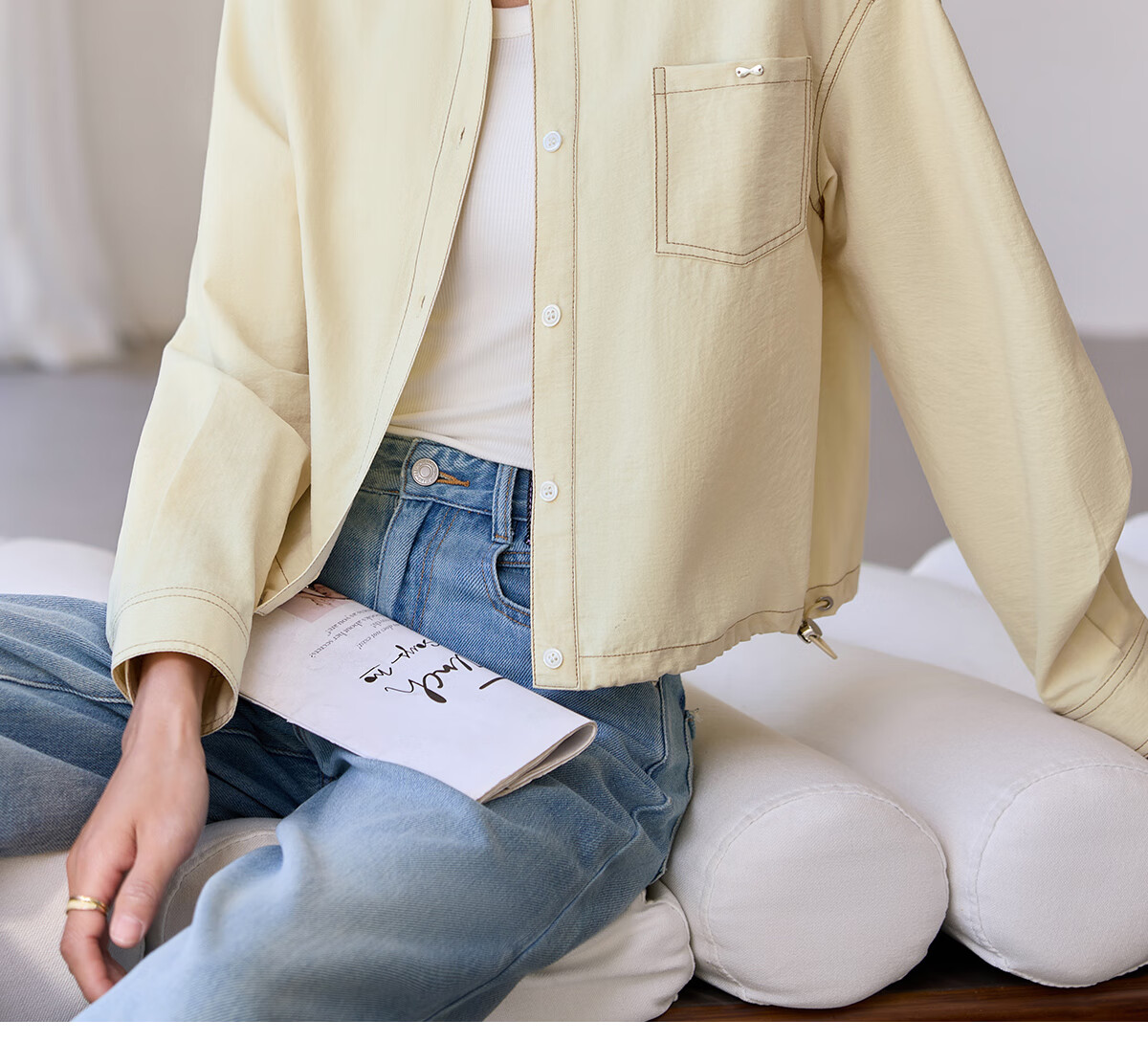 Chushen Women's Short Autumn Shirt Jacket with Drawstring Hem, Contrasting Color Stitching Design for Petite Figures S51D039 1