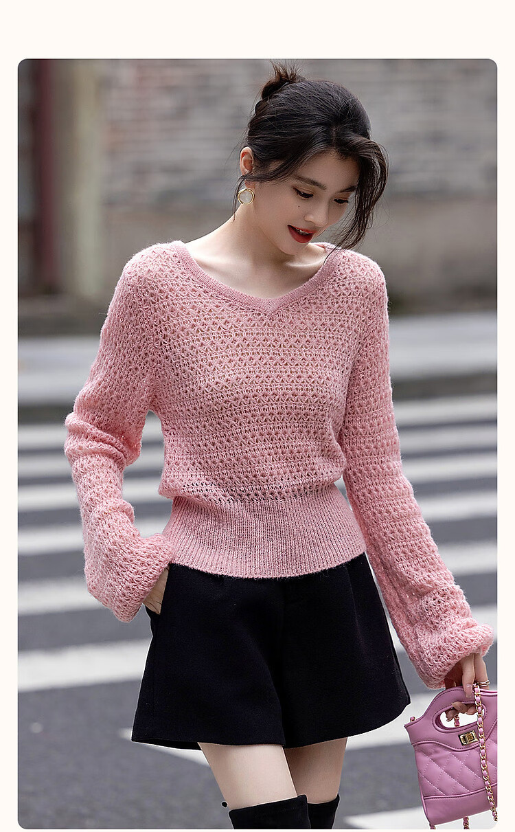 Dme [Containing Wool] Spring And Autumn Gentle V-Neck Hollow-Out Sweater, Body-Hugging, Girly Short Knit Top for Wome 3