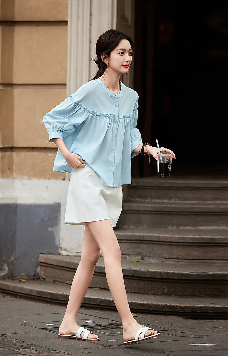 Dme [Gentle Trailer] Spring And Summer French Pure Cotton Pleated Wrinkled Shirt with Ruffle Collar And Puff Sleeves Women's Blouse Top 12