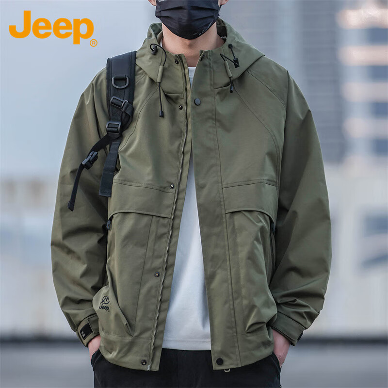 JEEP Men's Jacket, Spring And Autumn Outerwear, Trendy Hooded Windbreaker, Casual Loose Workwear Clothing, Army Green, Size L