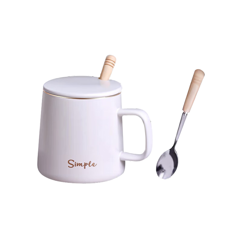 CLITON Ceramic Mug Large Capacity with Spoon And Lid, Coffee Cup, Milk Cup, Breakfast Cup, Office Cup, Tea Cup, White, 350ml