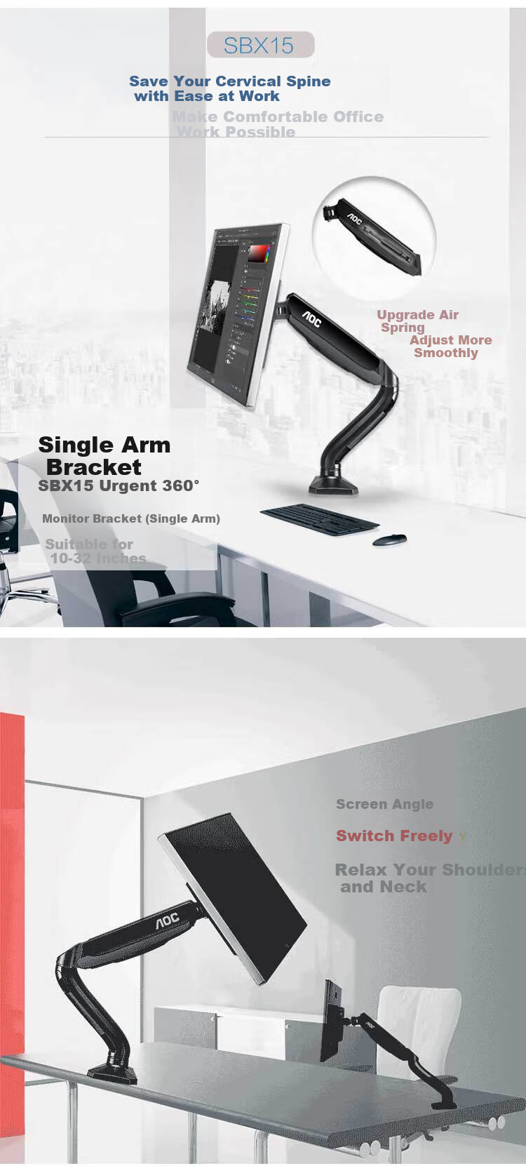 AOC SBX15 Black Single Monitor Stand, Rotating Computer Mount, No Drilling Required Desk Stand, Screen Support, Monitor Riser, 360° Rotatio 2