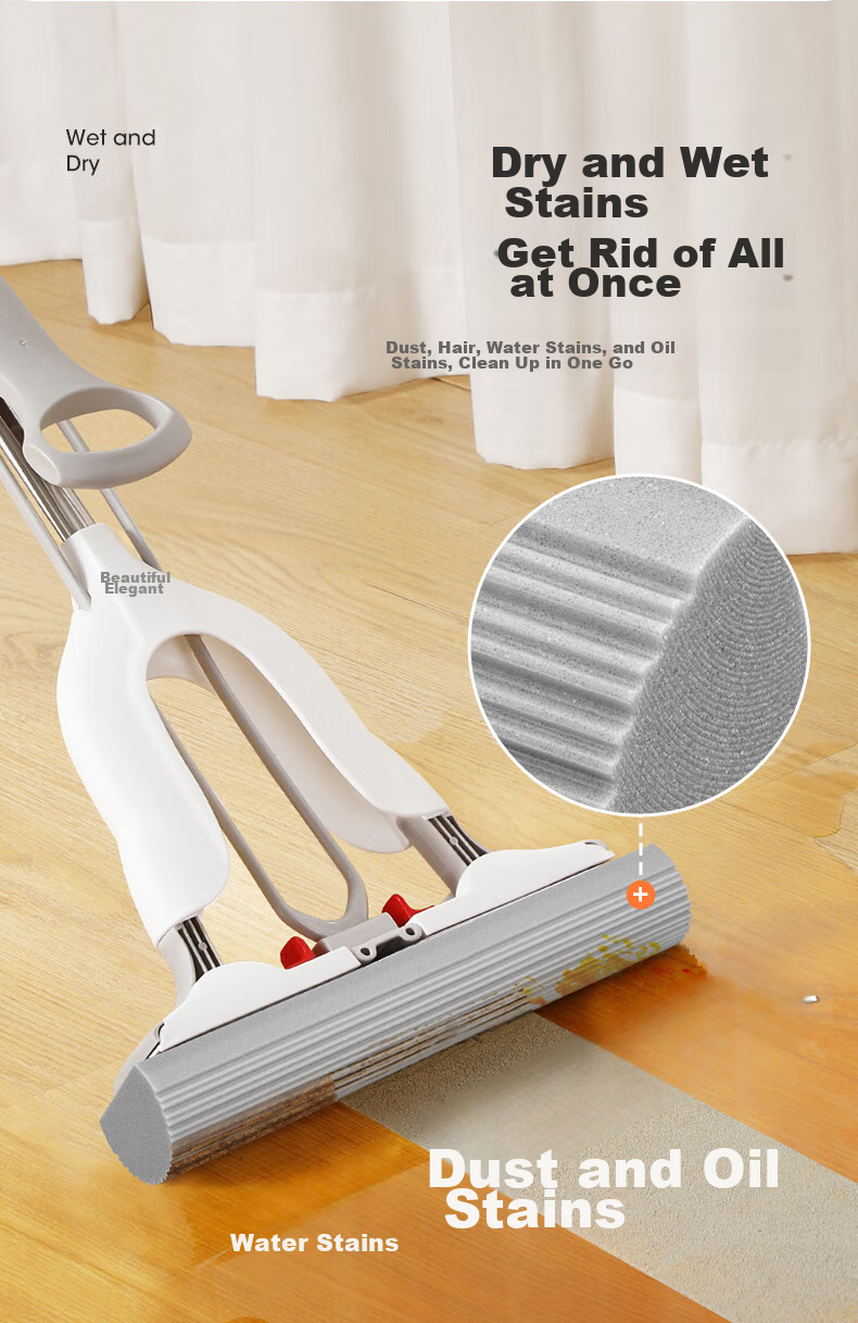 MARYYA Sponge Mop, 38cm with 2 Mop Heads, Absorbent Sponge, One-Button Head Removal, No Hand Washing Required, All-In Wet And Dry Cleaning Tool 7