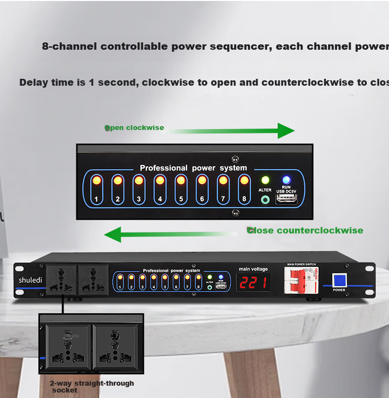 Shuledi D-20 Domestic Professional 8-Channel Power Sequencer with Filter, Independent Power Manager with Switch, Voltage Display, Stage Power Protector Controller for Meetings And KTV Audio Systems 4