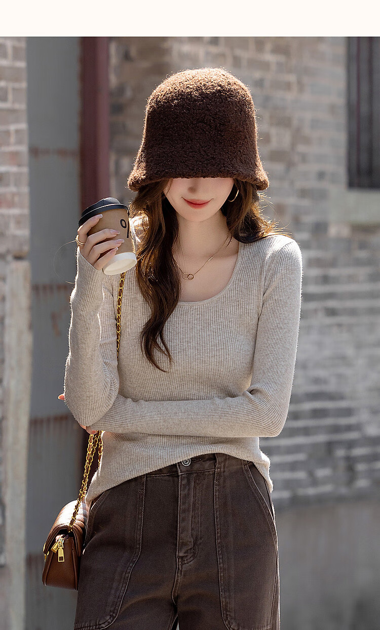 DME Winter Port Style Low Round Neck Slim Fit Concealing Long Sleeve Knit Top for Women Off-White M 15