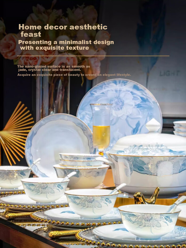 Luowei Jingdezhen Ceramic Dinnerware Set, Housewarming Bowl And Plate Set, Luxury High-End Feel for Home Use, 62-Piece Set 13