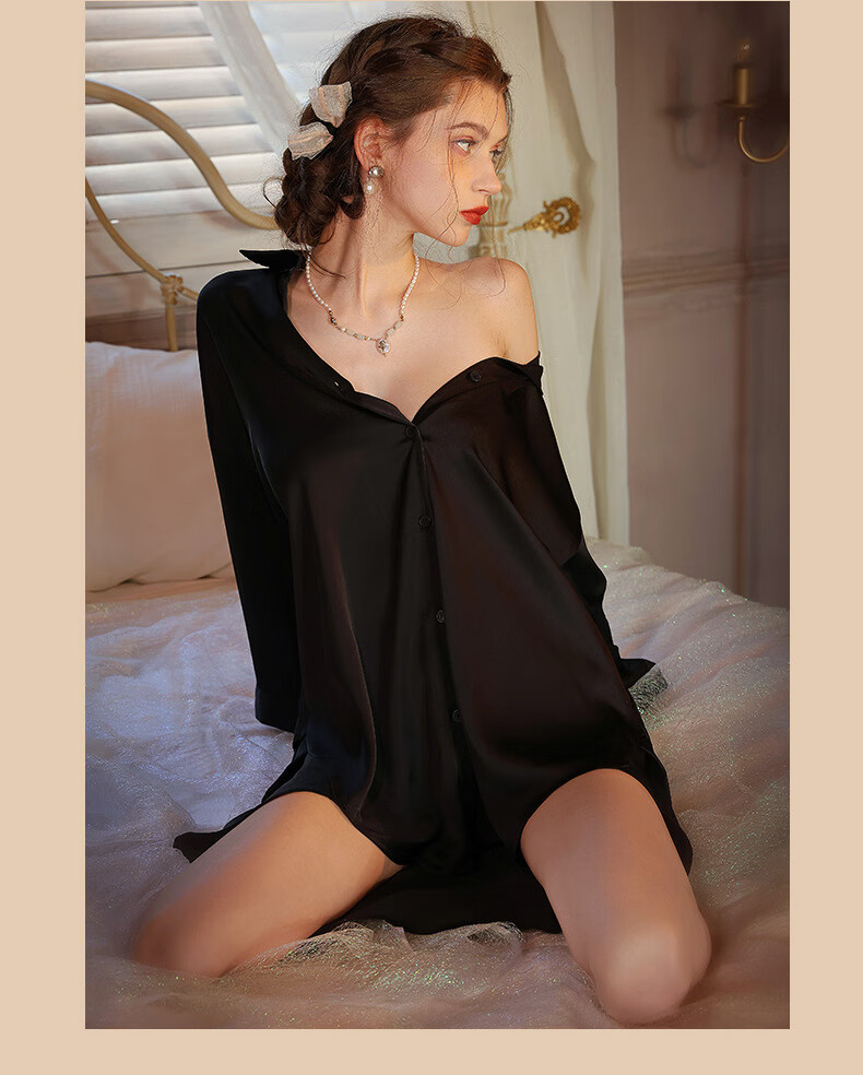 MAOHUO Pure Sexy Boyfriend Style Women's Elegant Ice Silk Nightgown, Seductive Faux Silk Sleepwear, Gift Box for Girlfriend 24