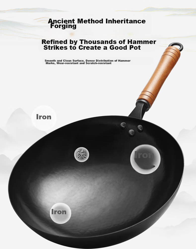 Jitiechui Iron Wok Pan, Non-Stick Cooking Pan, Hand-Forged, No Coating, Traditional Cast Iron Pan for Gas Stove, 32cm 14