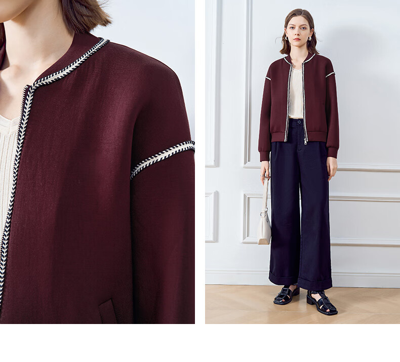 YANYEE Short Elegant Jacket for Women, 2025 Early Spring Commute Simple Versatile Ladies Baseball Coat, Wine Red, M 4