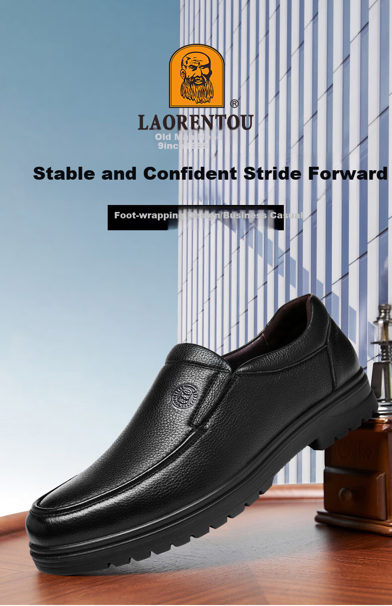 LAORENTOU Men's Leather Shoes, Business Casual Shoes, Top-Grain Cowhide Slip-Ons, Wear-Resistant Men's Shoes, Soft Upper Men's Shoes, 19009 Black, Size 39 1