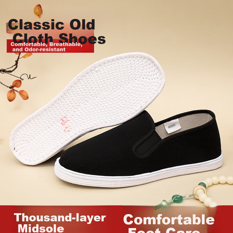 GUOLUOFEI Handmade Beijing Cloth Shoes with Thousand-Layer Sole, Breathable And Comfortable Slip-On Casual Shoes for Middle-Aged And Elderly, Black, Size 40