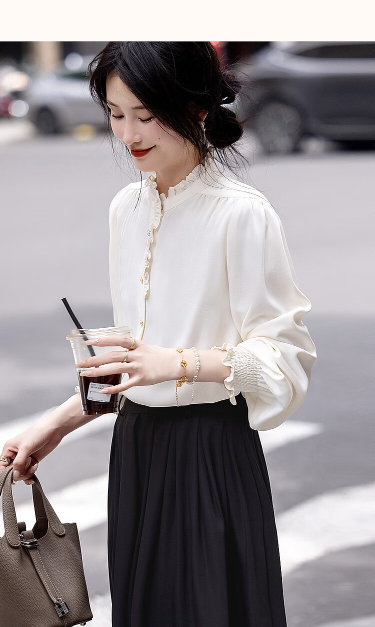 Dme [Ruched Shiny Blouse] Spring And Autumn French Style Women's Elegant Ruffle Stand Collar Pleated Blouse Women's Top 16