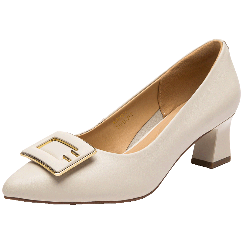 RED DRAGONFLY Chunky Heel Women's Pumps, Spring Cowhide Pointed Toe High Heels, Professional Leather Shoes WLB15315 Beige 39