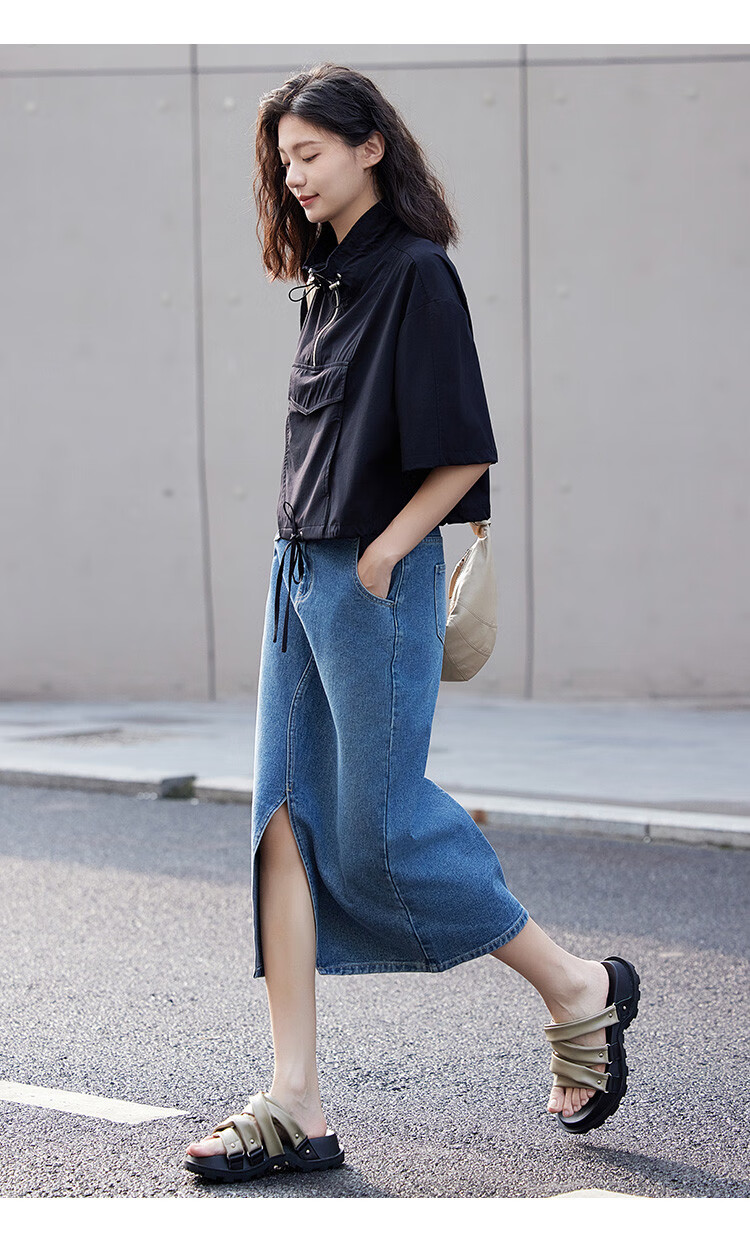 Dme [Ruffled Skirt] Autumn Casual Style Front Slit Triangle Design Denim Midi Skirt for Wome 10