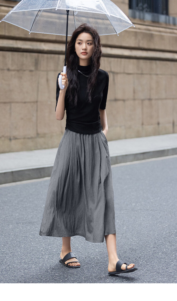 Dme [Relaxed Gray Midi Skirt] Spring And Autumn Wear, Draping, Simple, Loose-Fitting, Elastic Waist, Everyday Layered Midi Skirt 12