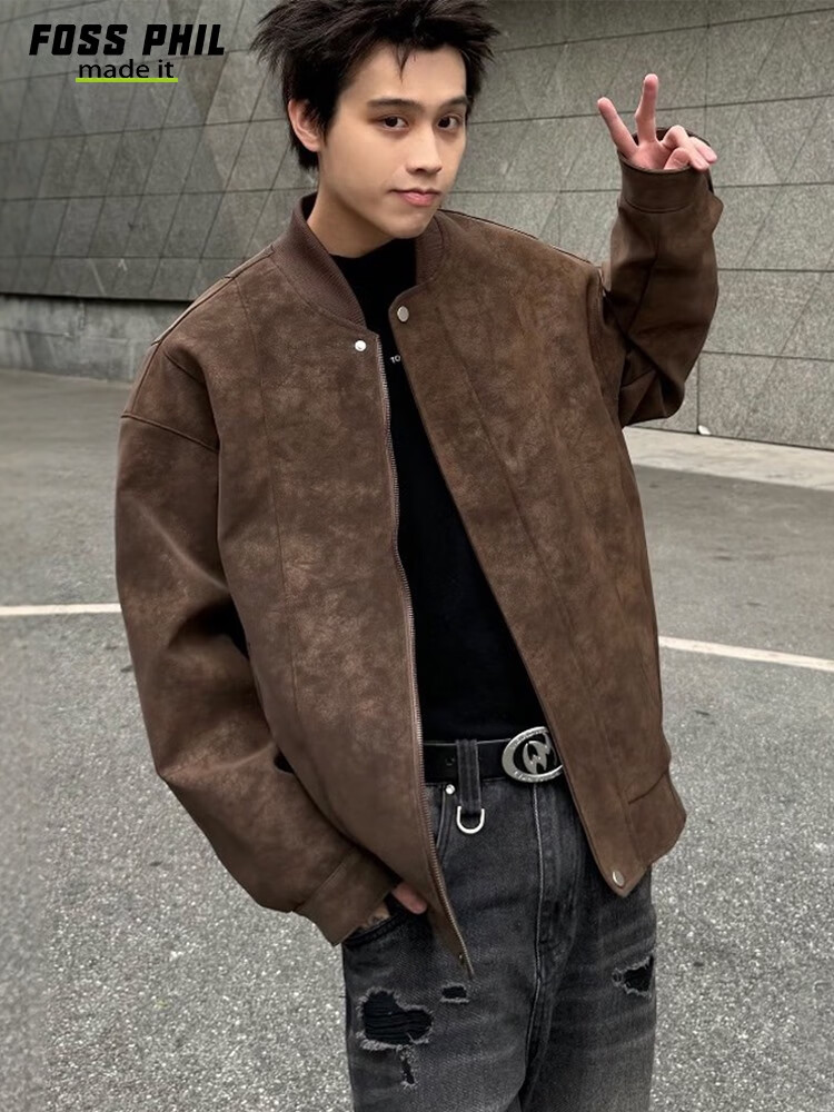 Foss Phil American Leather Jacket for Men, Autumn And Winter Trendy Workwear Baseball Coat, Loose Casual Outerwear FPJK6 Brown L 1