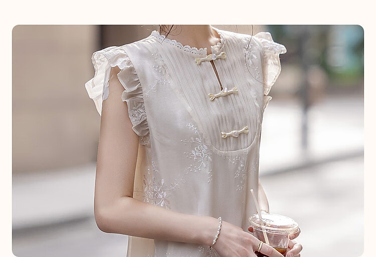 Dme [Yuhu Bingxin] Spring And Autumn Style New Chinese Embroidered Button Closure Water-Soluble Lace Trim Short Flutter Sleeves Dress for Wome 4