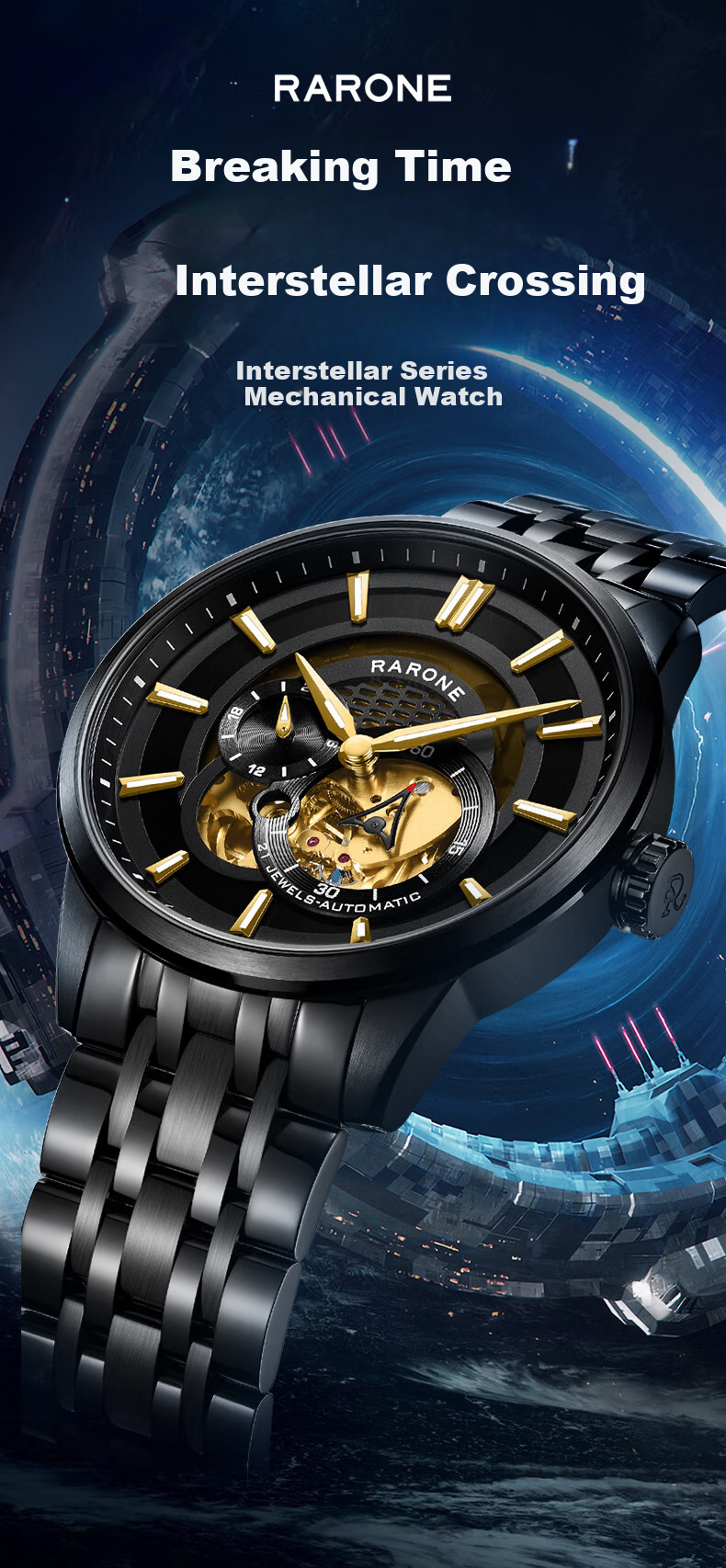 RARONE Star Series Trendy Skeleton Fully Automatic Men's Watch Mechanical Watch Steel Strap Wristwatch Birthday Gift for Boyfriend 1
