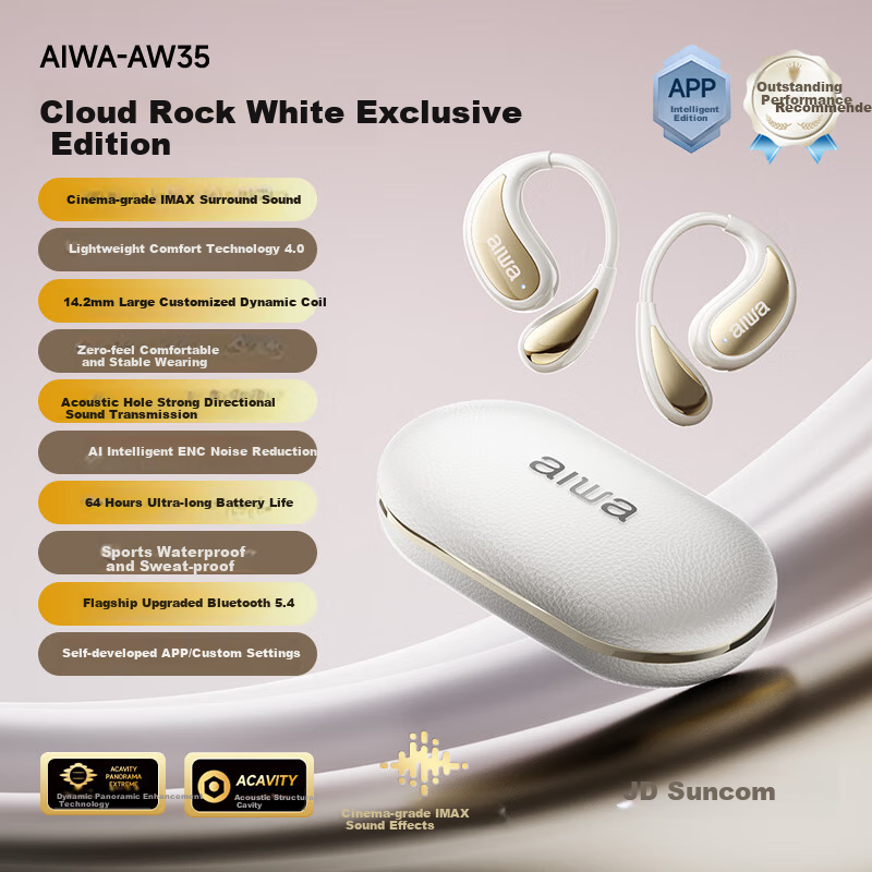Aiwa AW35 Bone Conduction Bluetooth Earphones with Powerful Bass, Open Concept Wireless Ear-hook Design, Top 1 in Gold List, Noise Reduction, Top 10 in Sports Ranking, Compatible with Huawei White