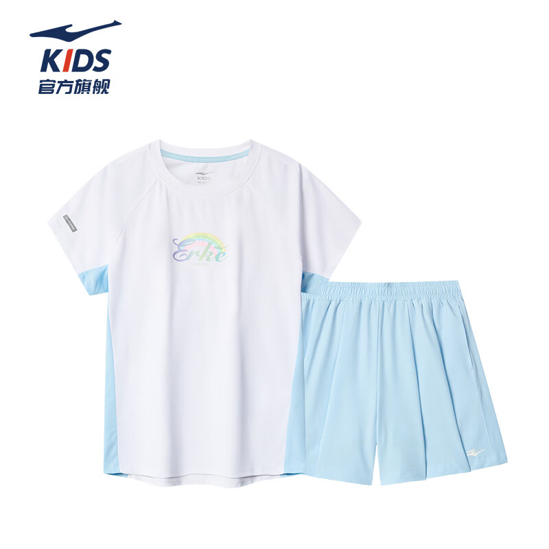 ERKE Girls' Sportswear Set for Children And Teens, Casual Short-Sleeve Outfit, White, Size 110