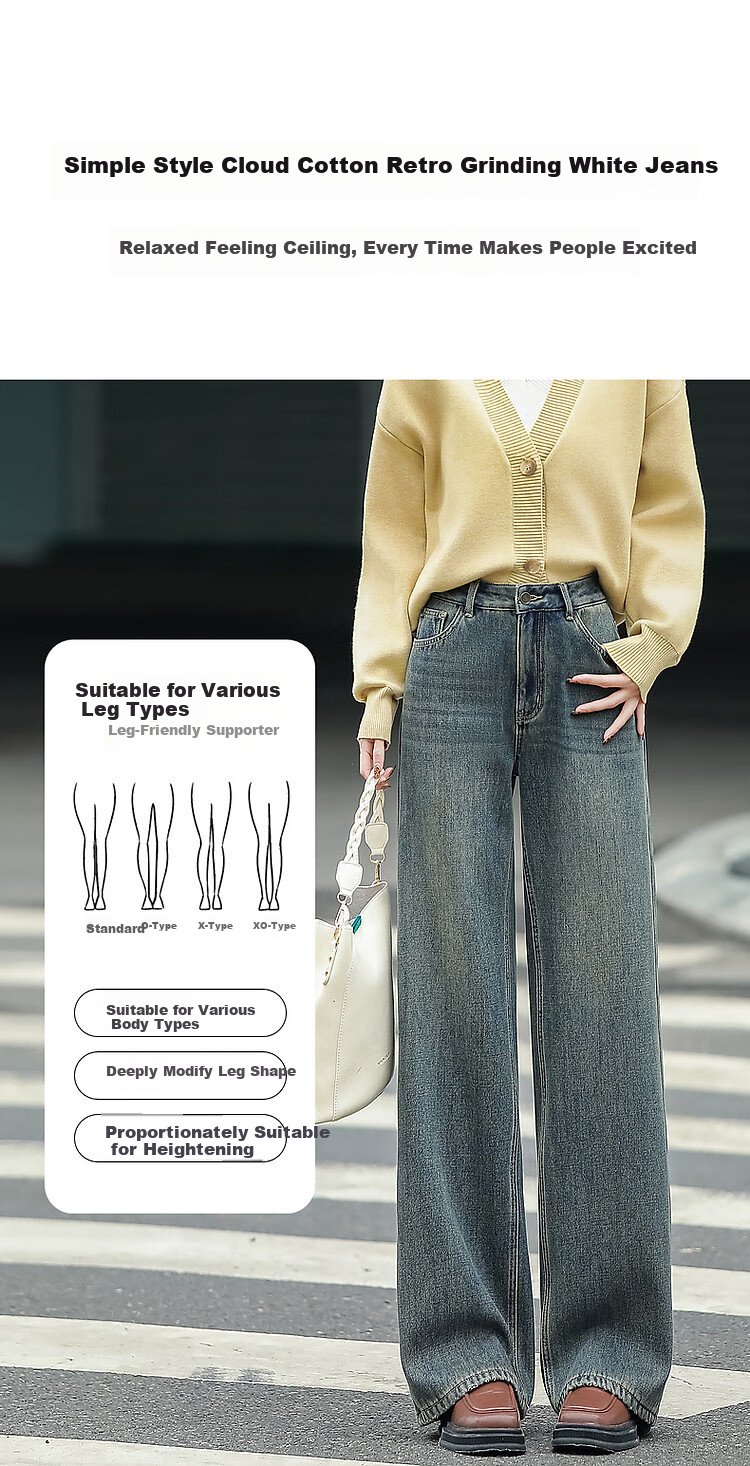 Dme Winter Simple Style Cloud Cotton Vintage Faded White Thread Cat Whisker Pattern Slimming Jeans for Women, Dark Denim Blue, S 2
