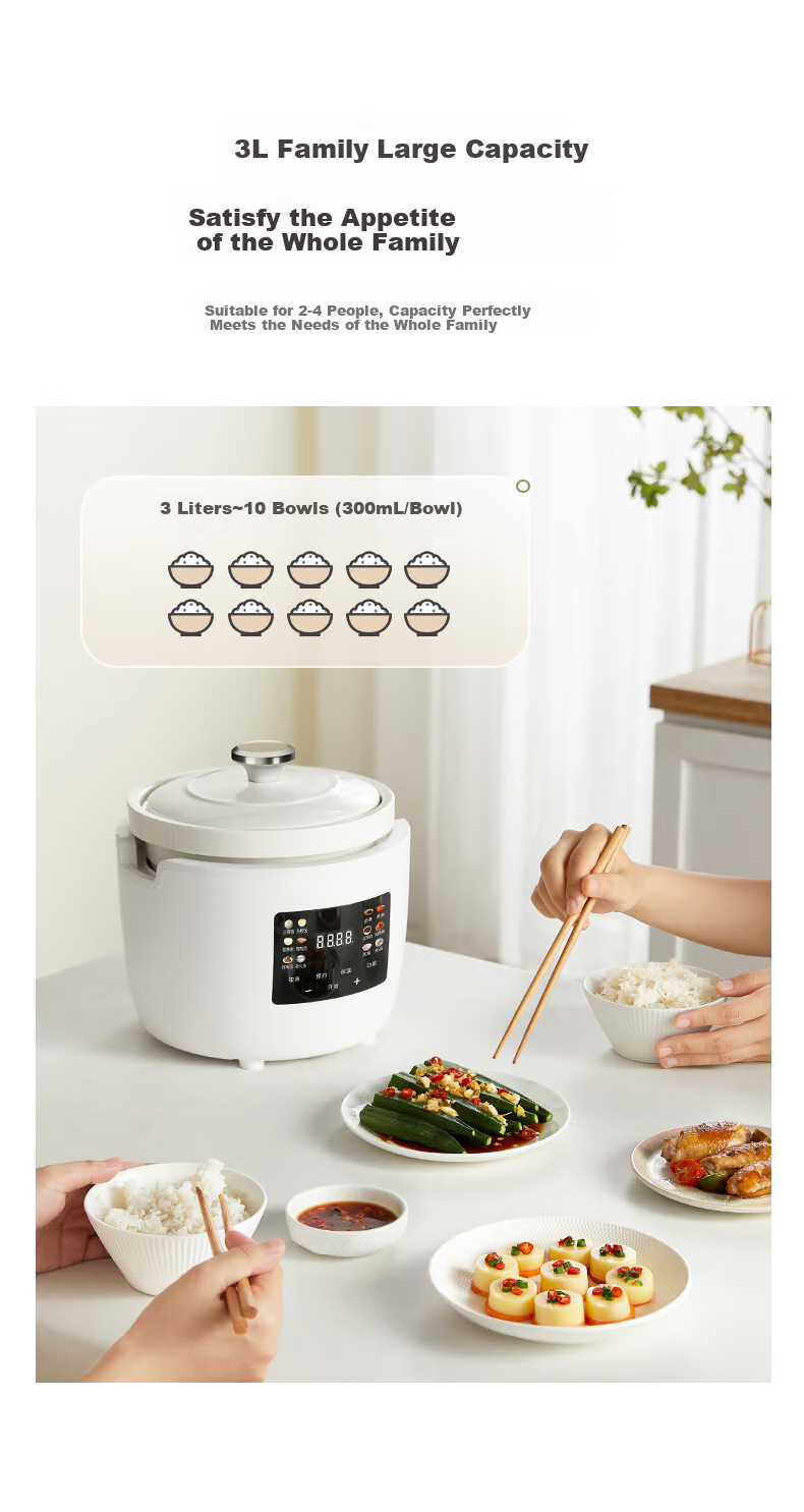 Ankale Micro-Pressure Rice Cooker 3L, All-White Ceramic Inner Pot, Non-Stick Easy-To, Household Small 2-5 People Multifunctional Pressure Cooker Electric Sand Pot Electric Stew Pot 3