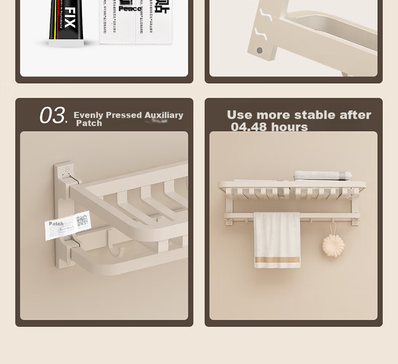 MICOE Cream-Colored Space Aluminum Bath Towel Rack, Bathroom Thickened Foldable No-Drilling Towel Storage Rack, Toilet Towel Holder 3