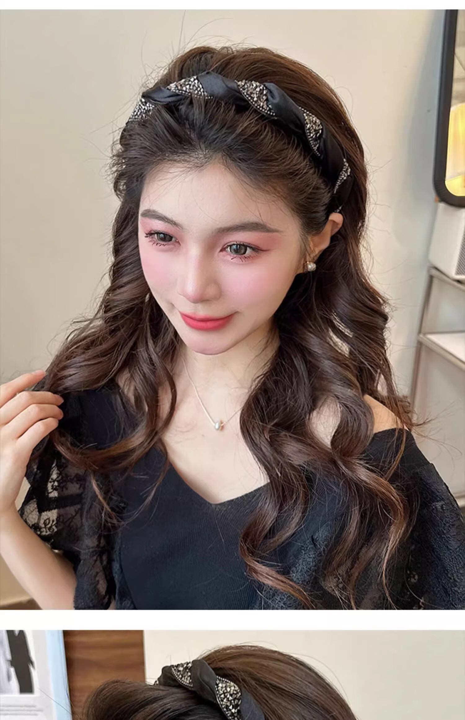 Xiangwan Vintage Rhinestone Headband Black Hair Clip Elegant Women's Headband Mid-Autumn Gift 8