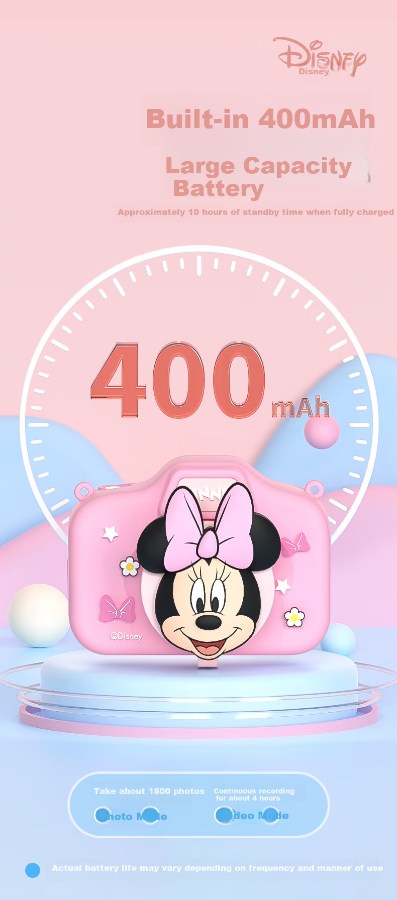 Disney Children's Digital Camera, Student Compact Camera, Pocket Camera for Photography And Travel, Dual-Lens Camera for Boys And Girls, Birthday Gift for Students, HD01 Minnie 8