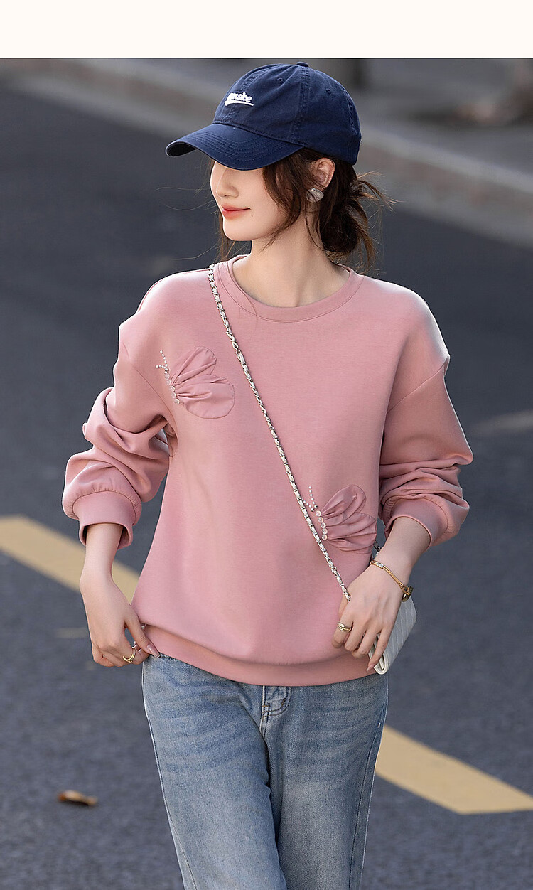 DME 350G Air Layer Spring 3D Butterfly Patch Beaded Loose Fit Flesh-Hiding Women's Sweatshirt 12