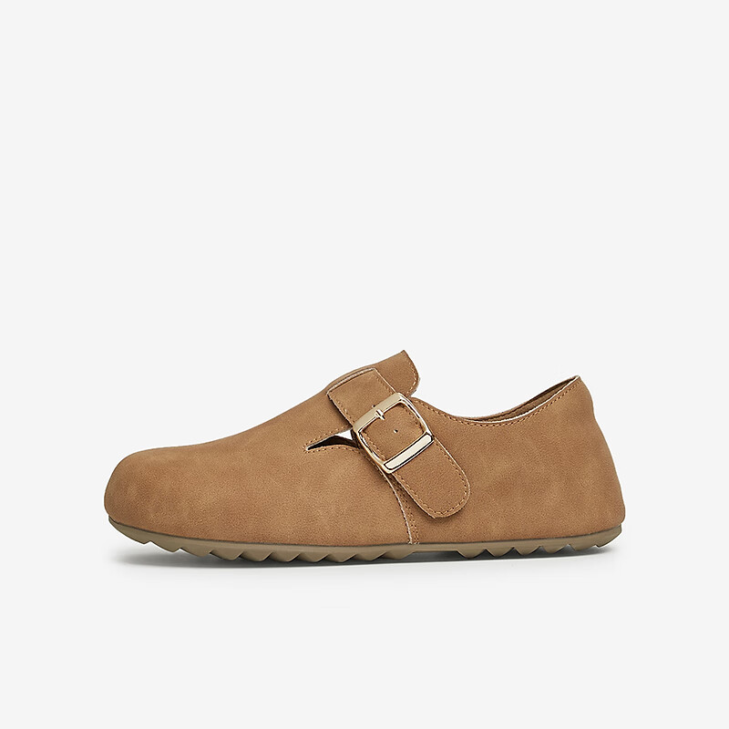 TATA Retro Birkenstock-Style Women's Shoes, Deep-Mouth Cotton Shoes, Fluffy Flat Single Shoes, Brown (Full-Coverage Style), Size 37