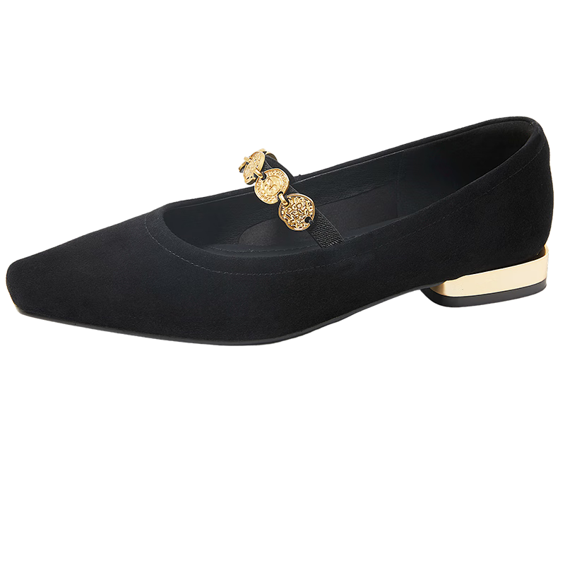 COMELY Low-Heel Mary Jane Shoes for Women, Spring New Style Retro Coin-Shaped Square-Toe Multi-Bead Shoes, Sheepskin Velvet Shoes, Black, Size 38