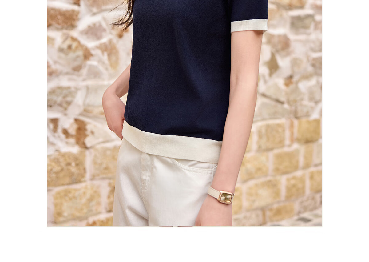 Chushen Summer Short-Sleeve T-Shirt for Women, Fashionable Round Neck Classic Contrasting Color Versatile Commuter Casual Knitted T-Shirt S52Z008 15